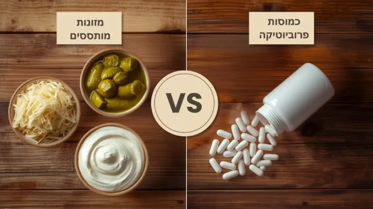 השוואה בין מזונות מותססים לכמוסות פרוביוטיקה על רקע עץ